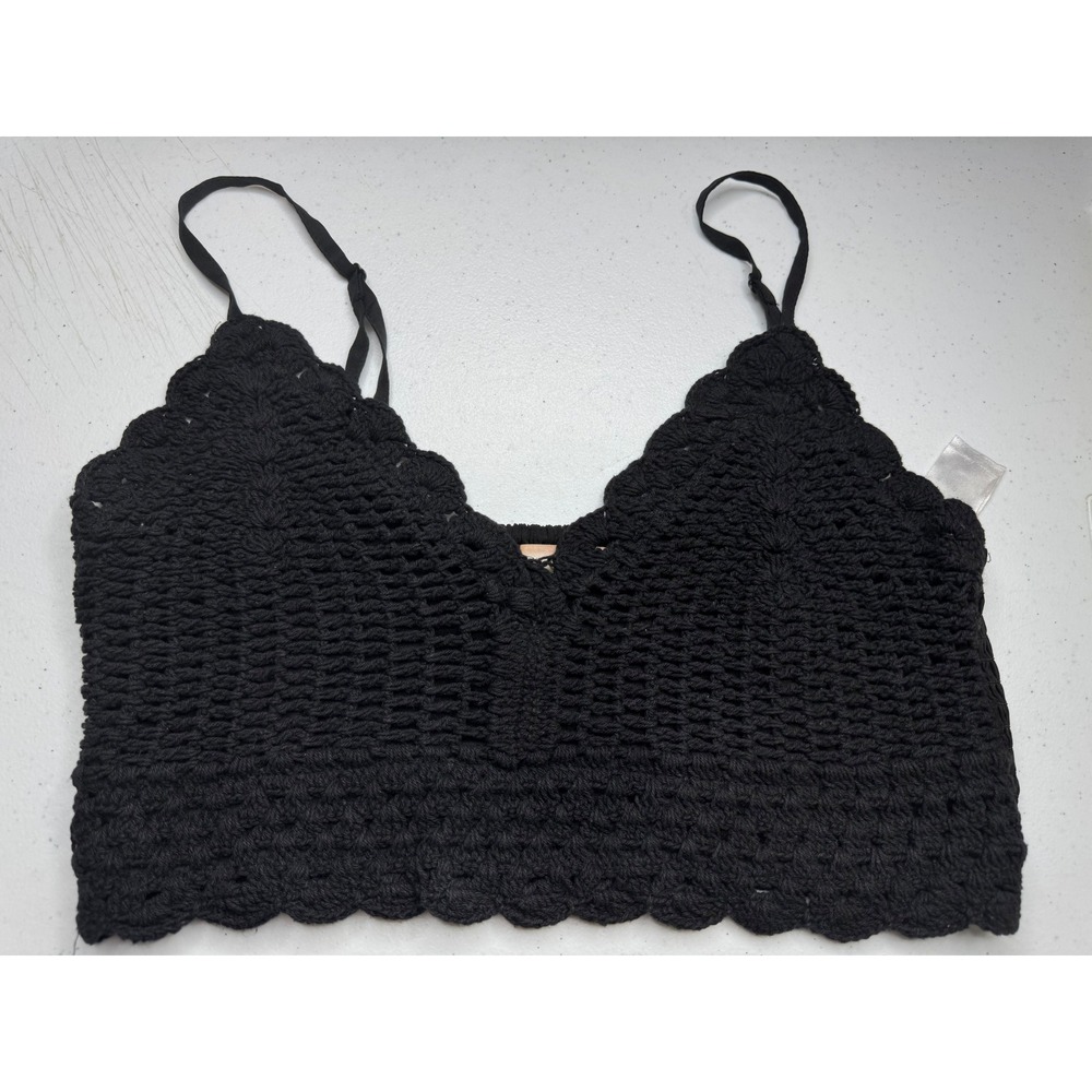 BOG Collective Black Crochet Smocked Bralette Crop Top Medium Boho Scalloped